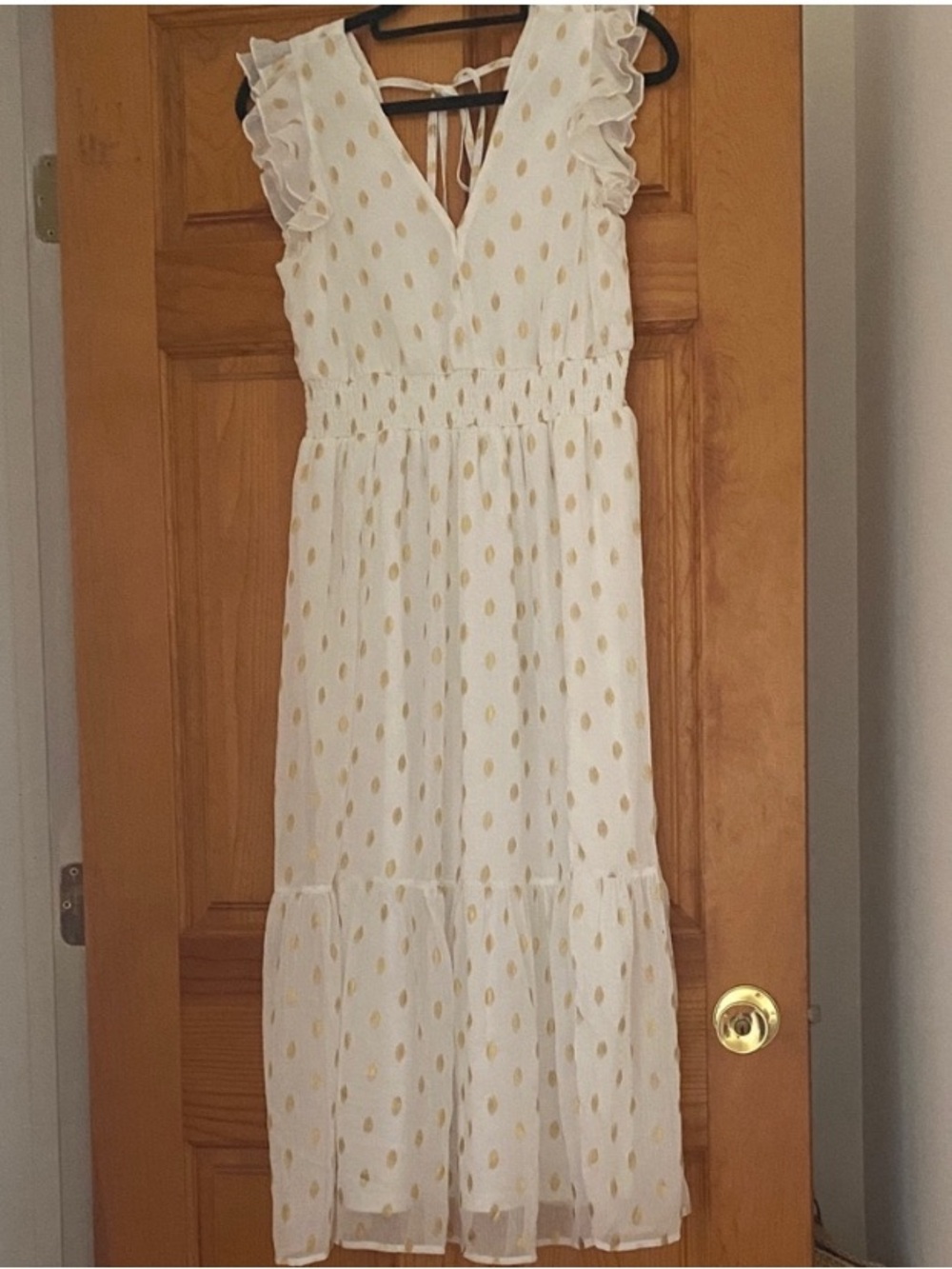 Lulus White Gold Polka Dot Midi Dress Ruffle Sleeve Tie Back Spring Summer M - Picture 5 of 11